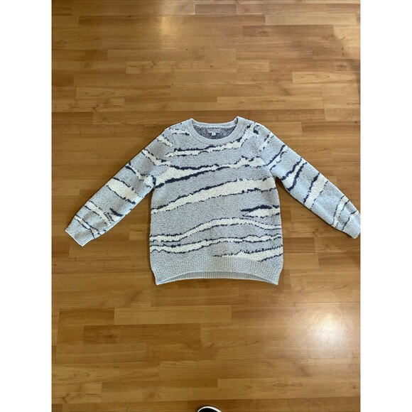 Barefoot Dreams CozyChic Hi-Low Pullover Blue/Cream Sweater -Size L - Picture 9 of 16